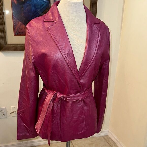 Bernardo Collection Pink Raspberry Belted Soft Leather Jacket Size Medium - Picture 5 of 13